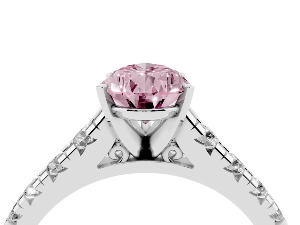 Fancy Pink Pear Cut Diamond Cathedral Solitaire Ring with Round Pavé Band Silver