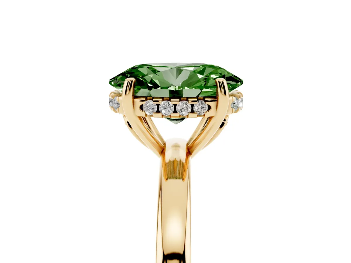 Fancy Green Oval Cut Solitaire Diamond Ring with Prong Setting and Plain Band Yellow gold