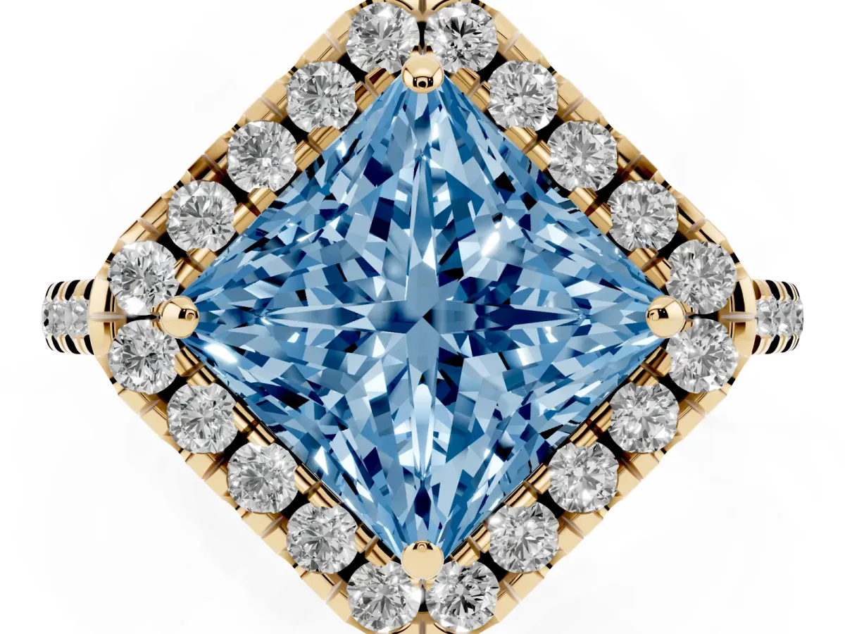 Fancy Blue Princess Cut Diamond Cushion Halo Ring with Pavé Band Yellow gold