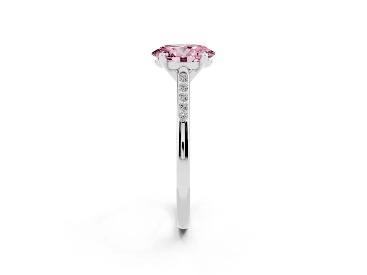 Fancy Pink Oval Cut Diamond Solitaire Ring with Channel Set Round Band and Prong Setting Silver