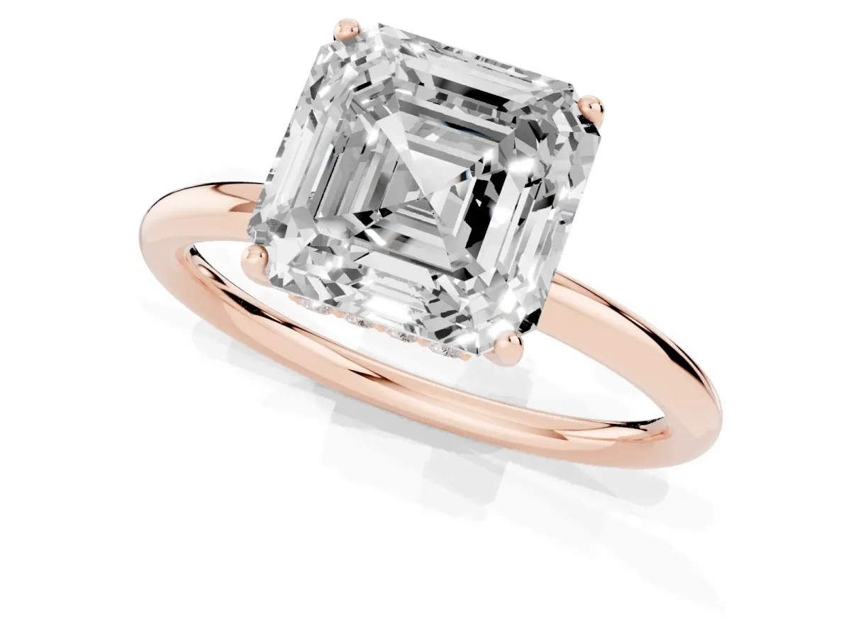 Asscher Cut Solitaire Diamond Ring with a Classic Band and Four-Prong Setting Rose gold