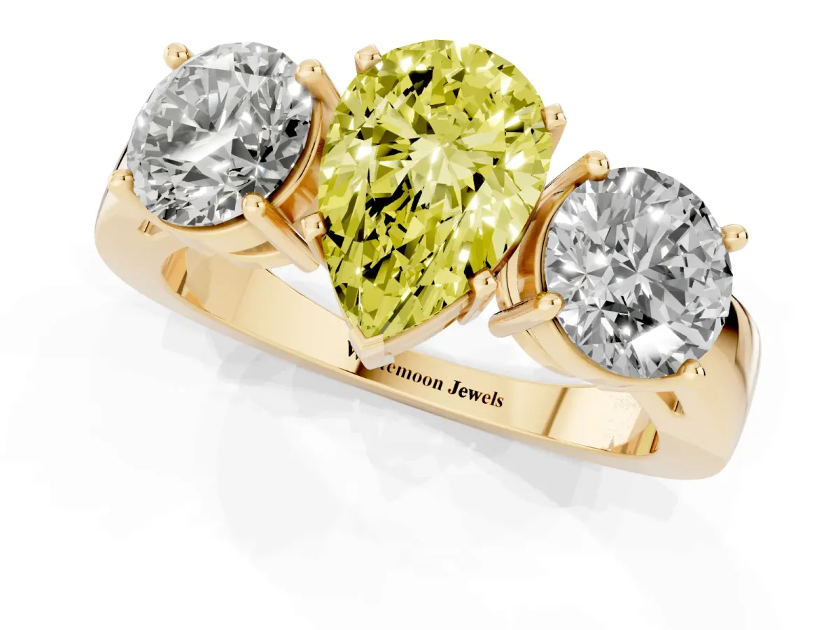 Fancy Yellow Three-Stone Pear Cut Diamond Ring with Round Side Stones, Classic Band, and Four-Prong Setting Yellow gold