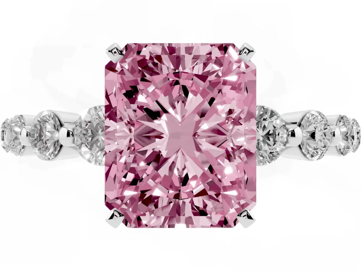 Fancy Pink Radiant Cut Solitaire Diamond Ring with Pave Band and Four-Prong Setting Silver