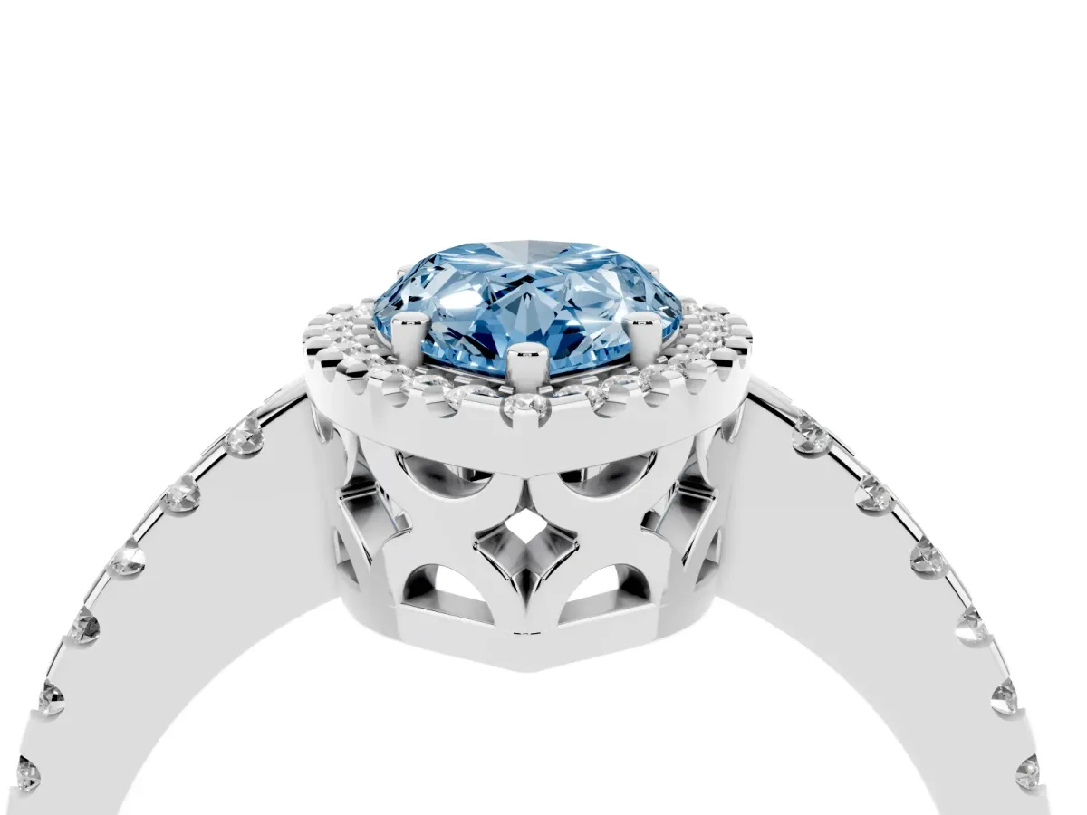 Fancy Blue Pear Cut Diamond Halo Engagement Ring with Pavé Band and Prong Setting Silver