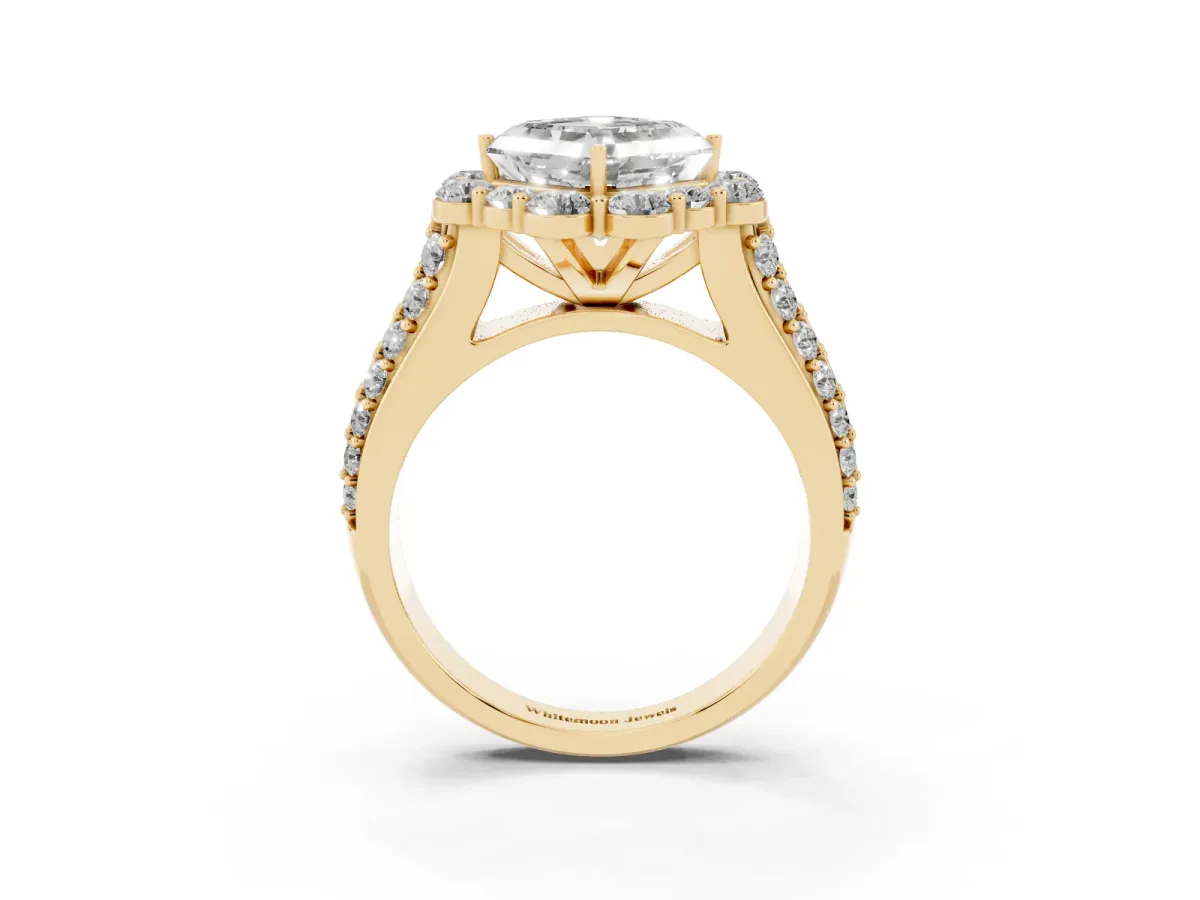 Asscher Cut Halo Diamond Engagement Ring with Split Shank and Prong Setting Yellow gold