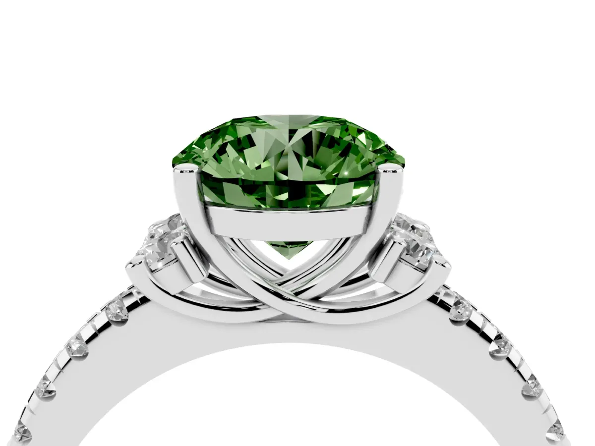 Fancy Green Round Cut Diamond Three-Stone Pave Band with Four-Prong Setting Silver