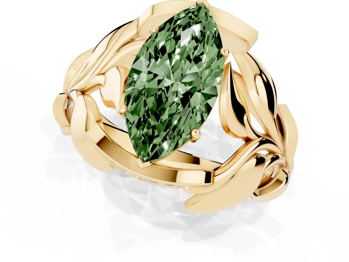 Fancy Green Marquise Cut Diamond Leaf-Inspired Engagement Ring with Round Accents and Prong Setting Yellow gold