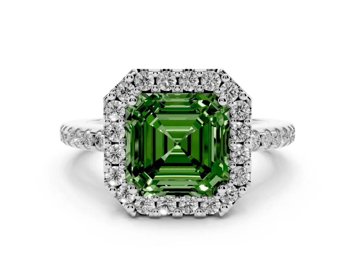 Fancy Green Asscher Cut Diamond Pavé Halo Ring with Four-Prong Setting Silver