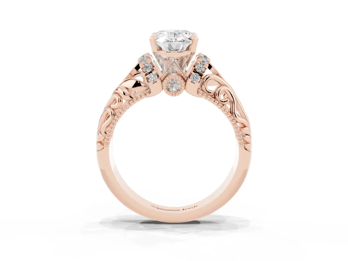 Oval Cut Solitaire Filigree Engagement Ring with Halo and Prong Setting Rose gold