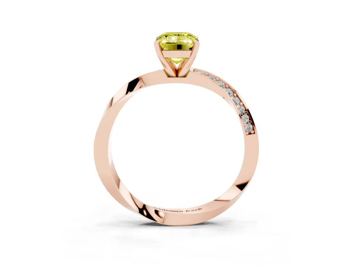 Fancy Yellow Emerald Cut Diamond Engagement Ring with Side Stone Accents and Four-Prong Setting Rose gold