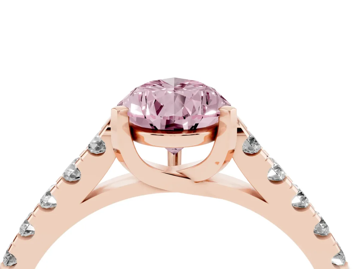 Fancy Pink Pear Cut Diamond Pavé Band Solitaire Ring with Prong Setting Rose gold