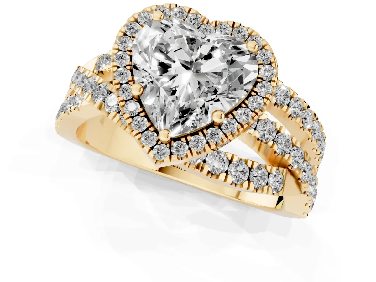 Heart Cut Diamond Halo Ring with Round Split Shank and Prong Setting Yellow gold