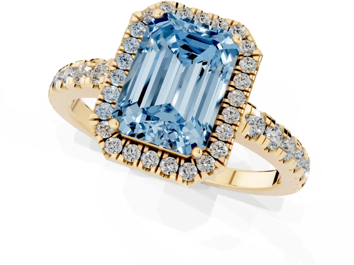 Fancy Blue Emerald Cut Diamond Halo Ring with Pavé Band and Four-Prong Setting Yellow gold