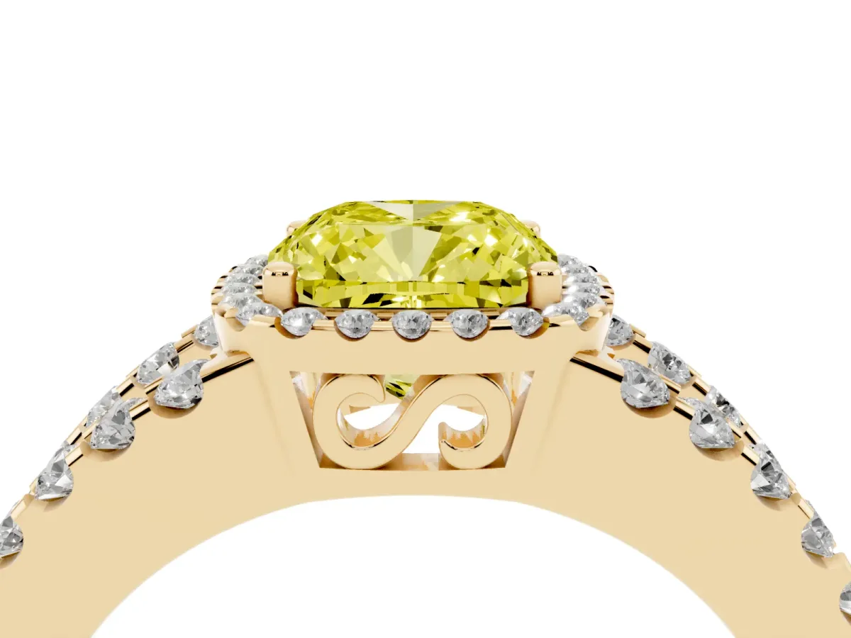 Fancy Yellow Cushion Cut Cut Halo Split Shank Diamond Ring with Four-Prong Setting Yellow gold