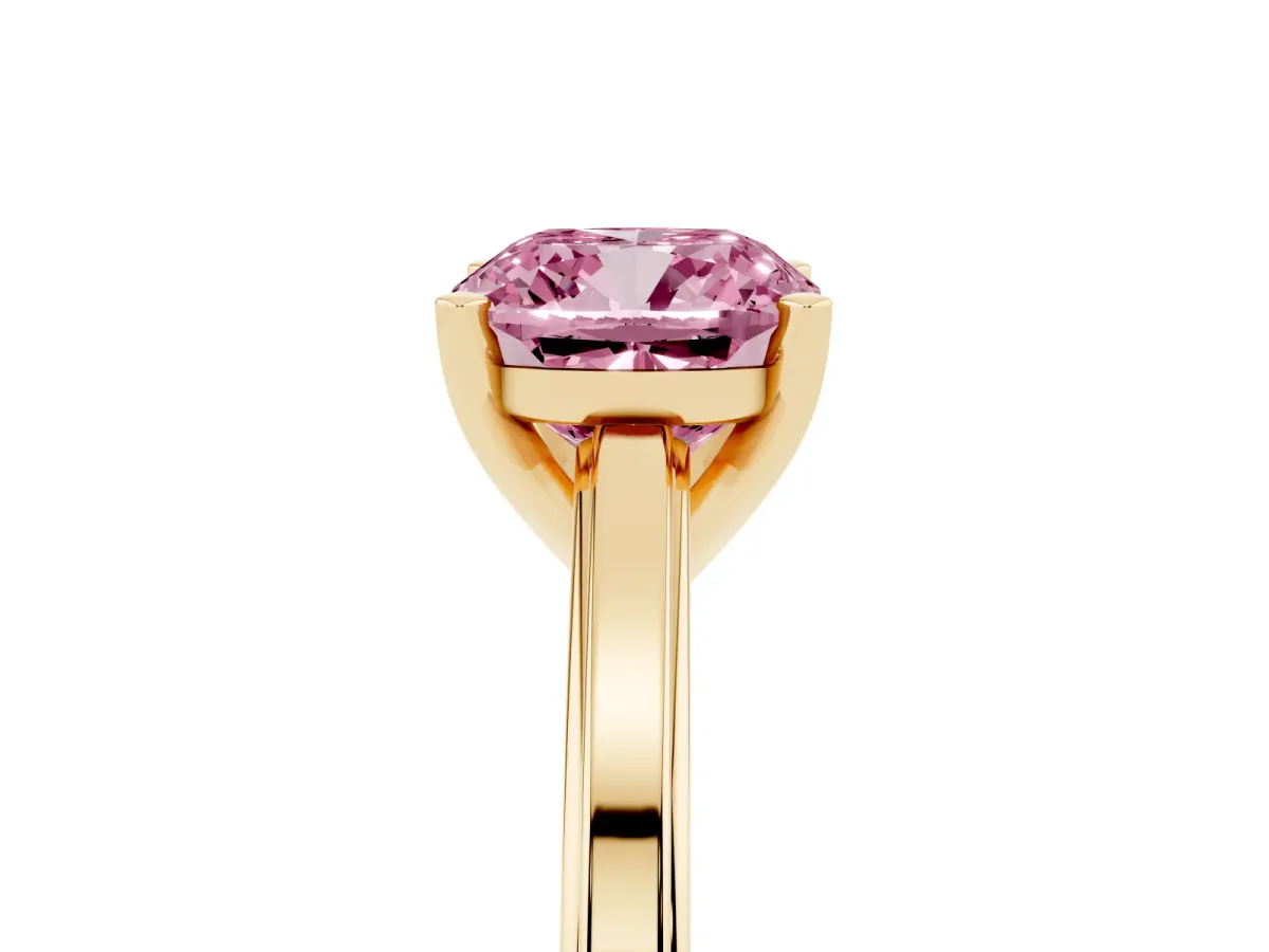 Fancy Pink Cushion Cut Solitaire Diamond Ring with Four-Prong Setting and Classic Band Yellow gold