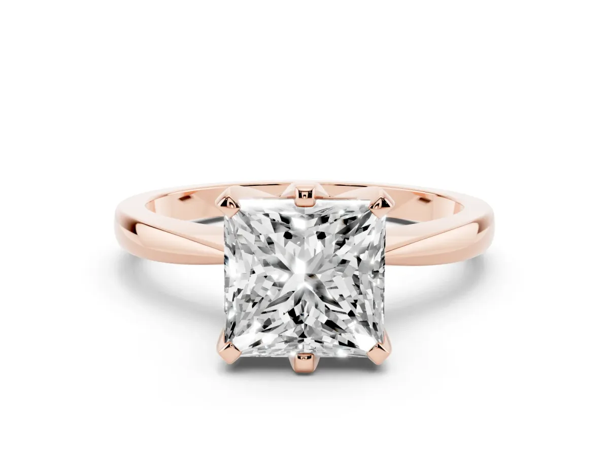 Princess Cut Solitaire Engagement Ring with Six-Prong Setting and Tapered Band Rose gold