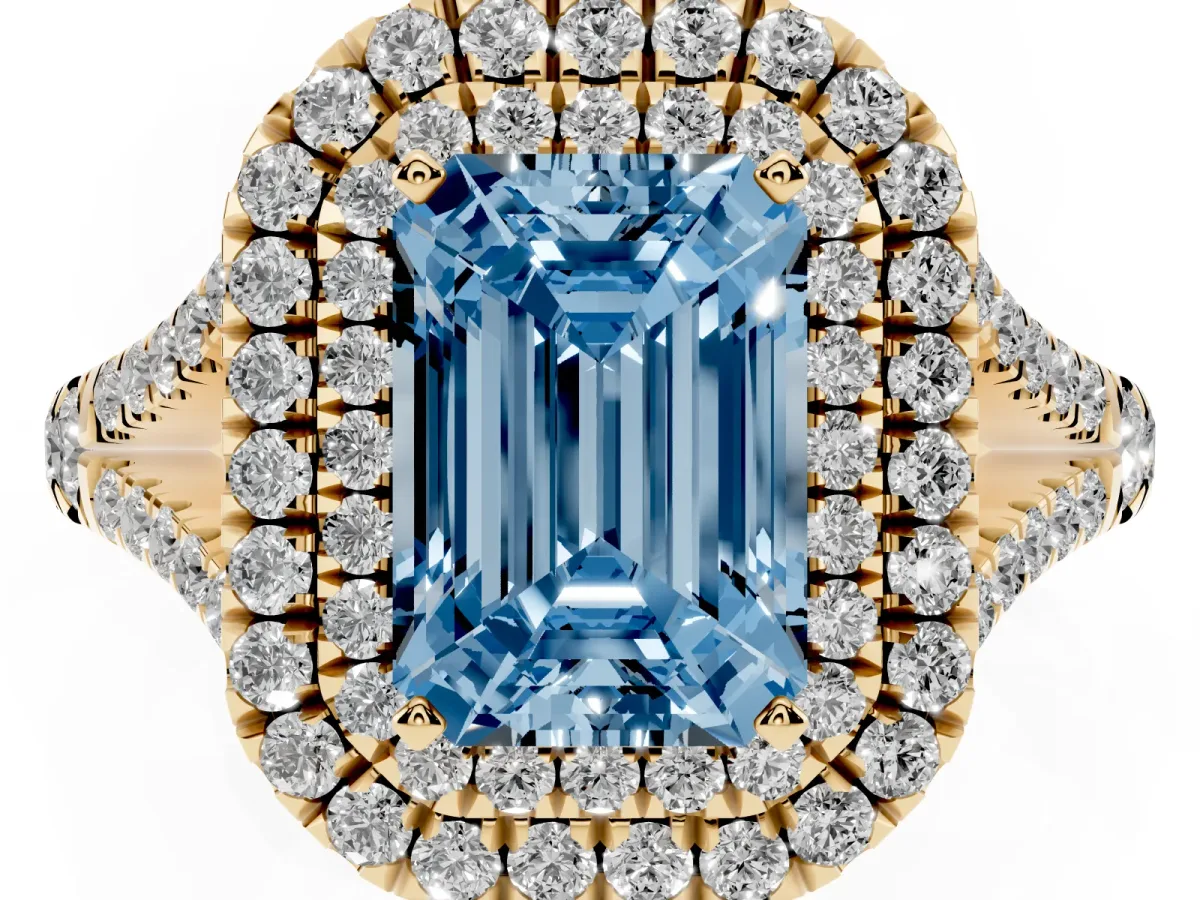 Fancy Blue Emerald Cut Diamond Pavé Split Shank Double Halo Engagement Ring Yellow gold