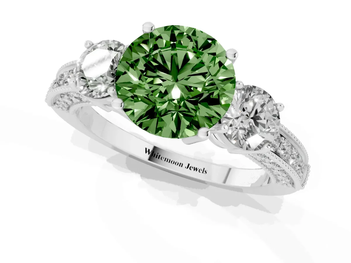 Fancy Green Round Cut Three-Stone Diamond Ring with Pavé Band and Four-Prong Setting Silver