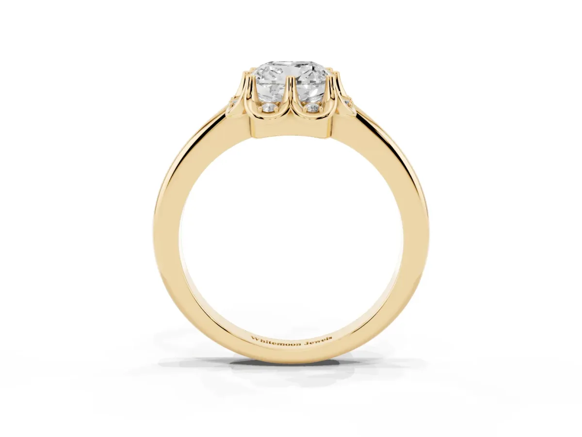 Cushion Cut Halo Diamond Ring with Round Cluster Setting, Solitaire Band, and Four-Prong Setting Yellow gold