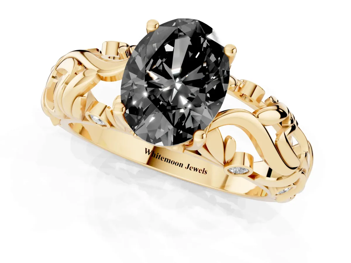Fancy Black Oval Cut Solitaire Diamond Leaf-Inspired Vine Band Ring with Prong Setting Yellow gold