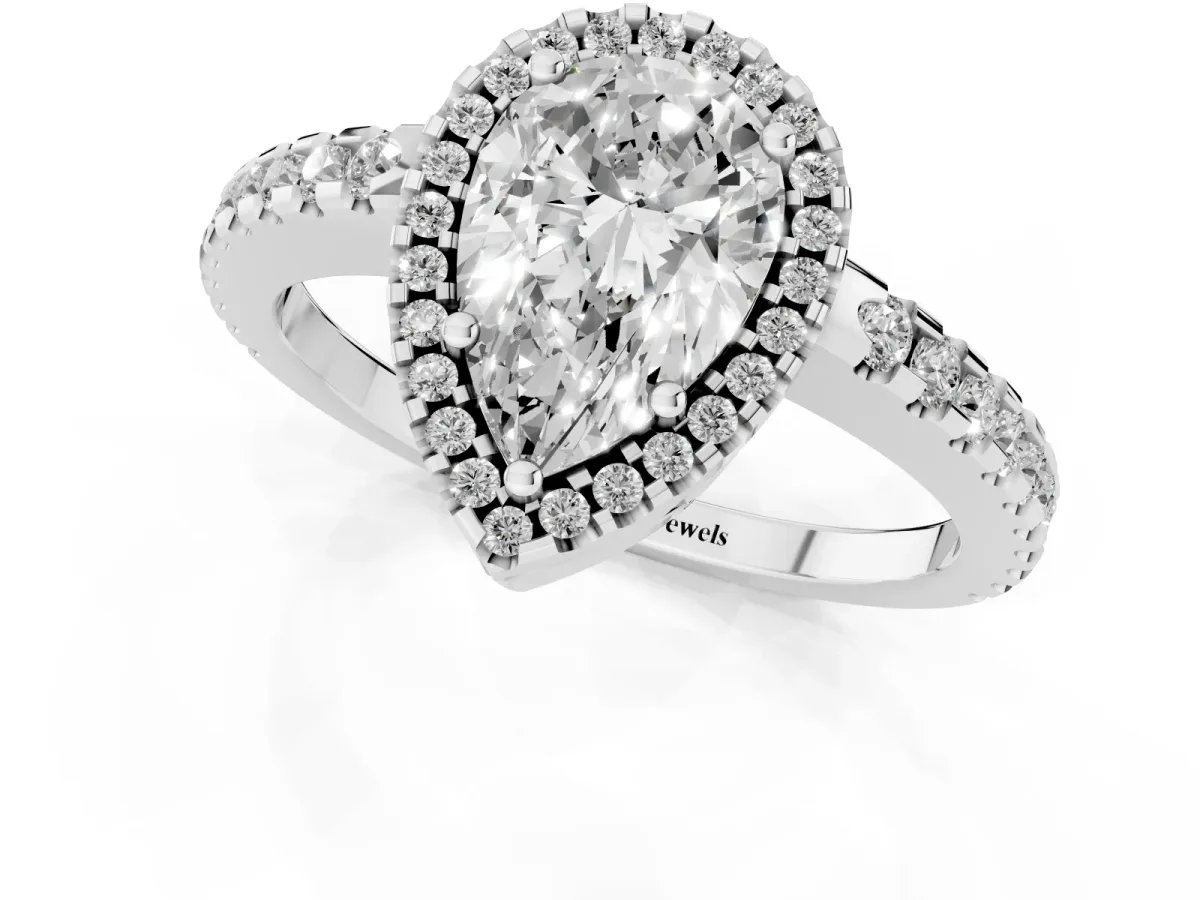 Pear Cut Diamond Halo Engagement Ring with Pavé Band and Prong Setting Silver