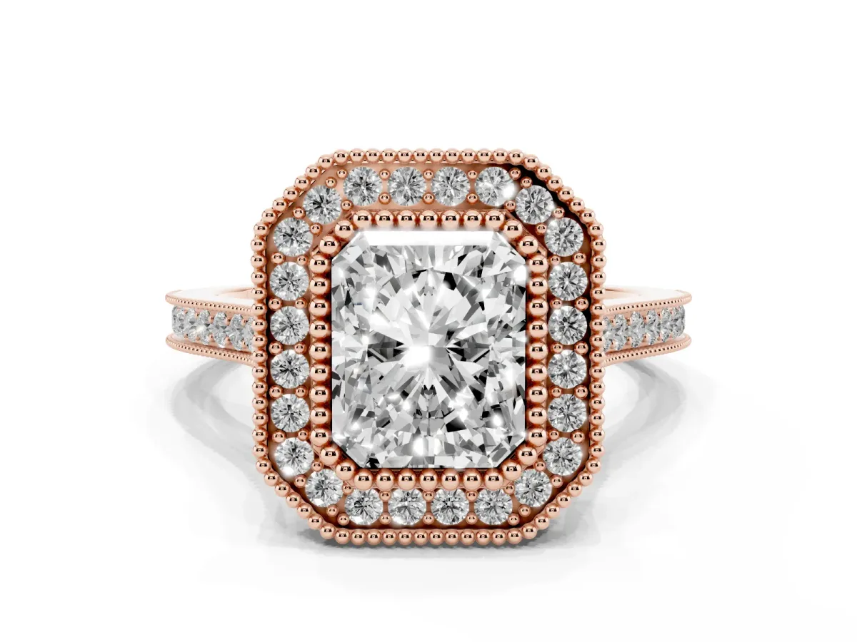 Radiant Cut Diamond Halo Ring with Milgrain Frame and Pavé Band Rose gold