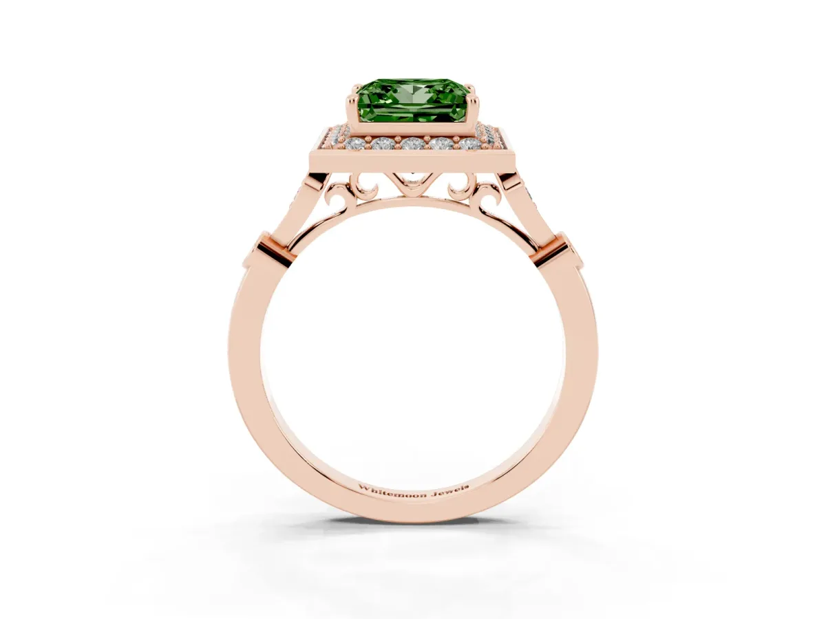 Fancy Green Princess Cut Halo Diamond Engagement Ring with Twisted Band and Four-Prong Setting Rose gold