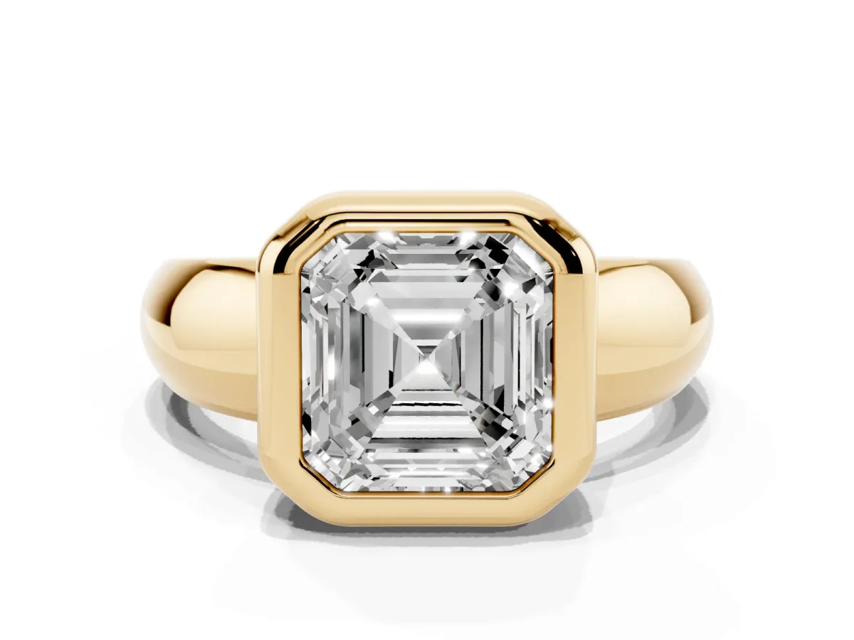 Bezel Set Asscher Cut Solitaire Ring with Wide Band Yellow gold