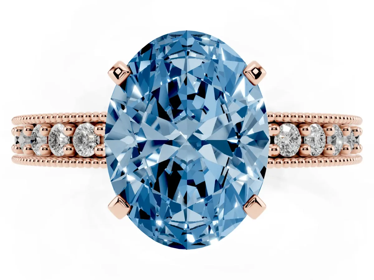 Fancy Blue Oval Cut Diamond Milgrain Pavé Engagement Ring with Four-Prong Setting Rose gold