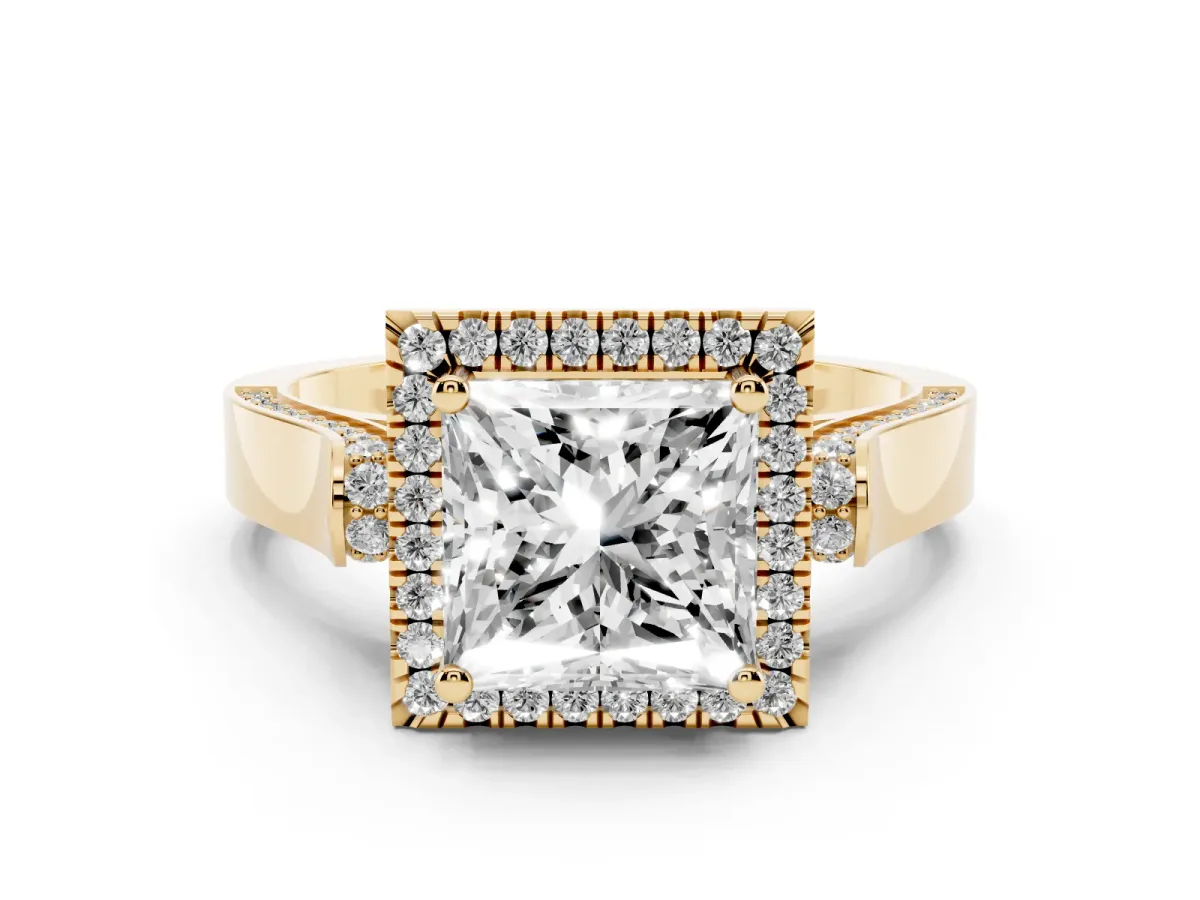 Princess Cut Halo Round Diamond Twist Band with Four-Prong Setting Yellow gold