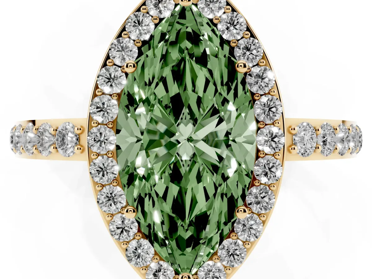 Fancy Green Marquise Cut Halo Diamond Pavé Band Ring with Prong Setting Yellow gold