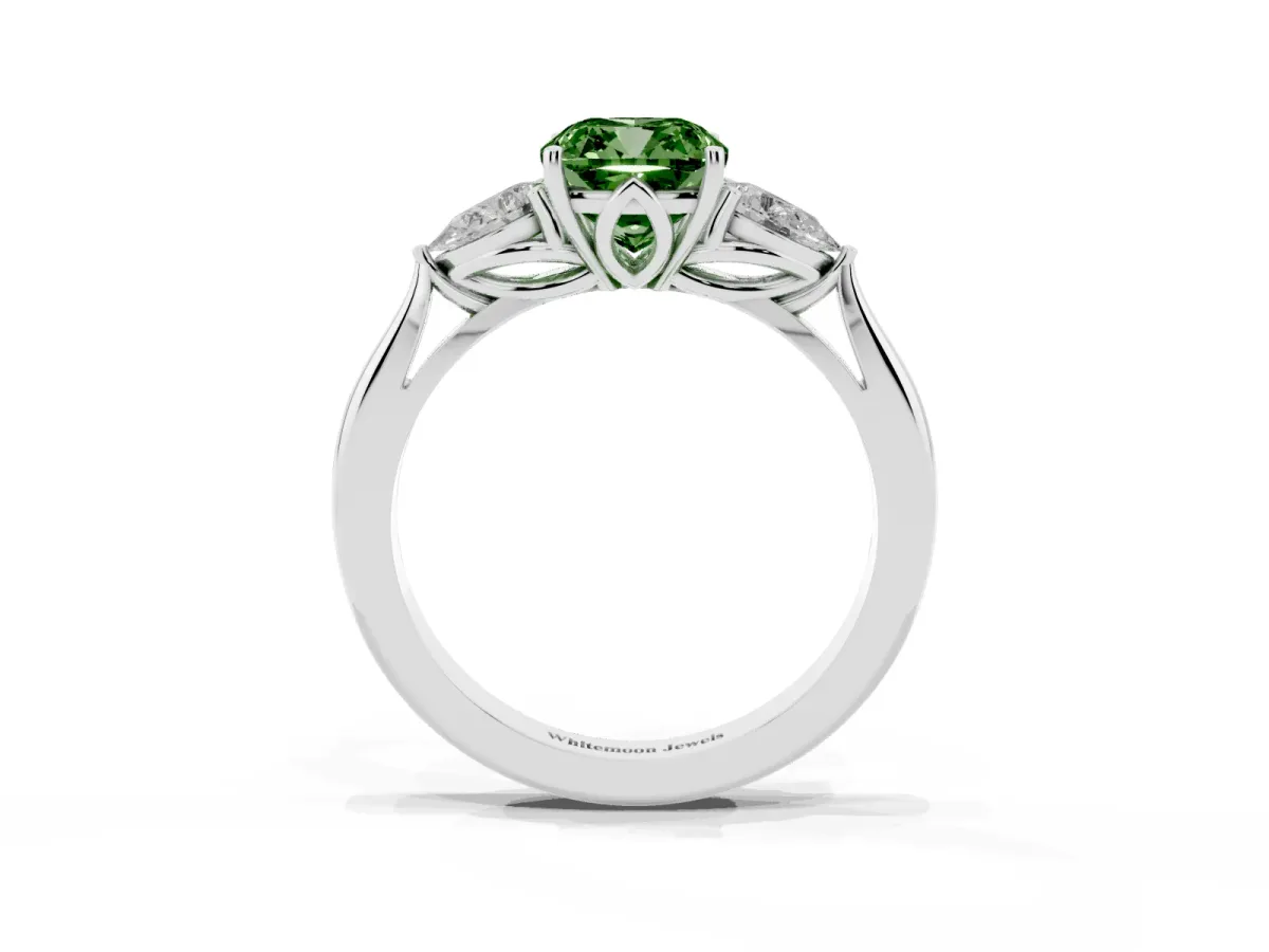 Fancy Green Three-Stone Cushion Cut Diamond Ring with Pear Side Stones in Four-Prong Setting Silver
