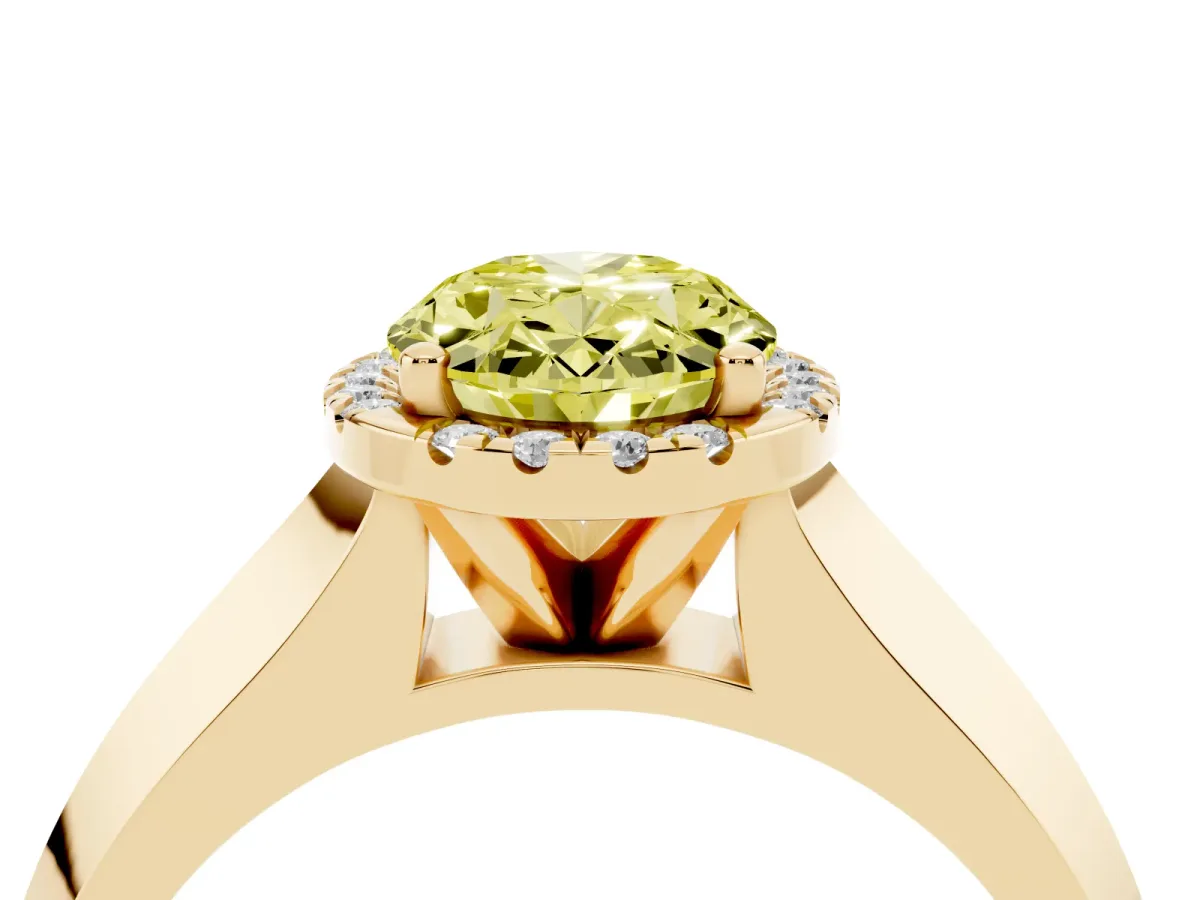 Fancy Yellow Oval Cut Halo Diamond Ring with Cathedral Band and Four-Prong Setting Yellow gold