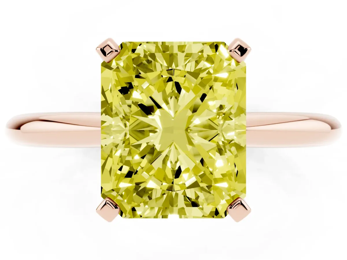 Fancy Yellow Radiant Cut Diamond Solitaire Ring with Prong Setting and Classic Band Rose gold