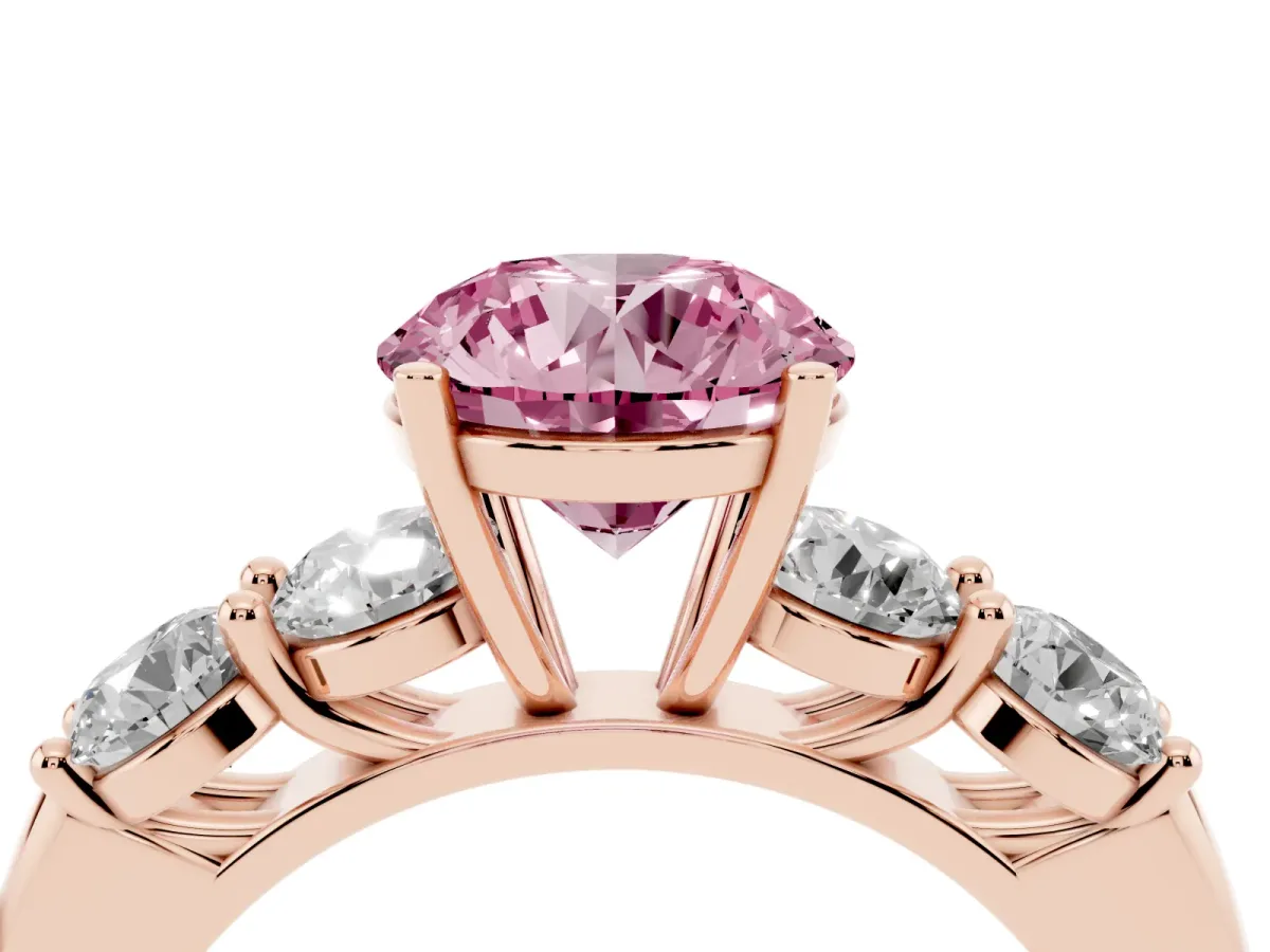 Fancy Pink Round Cut Cut Five-Stone Prong Set Diamond Ring with Classic Band Rose gold