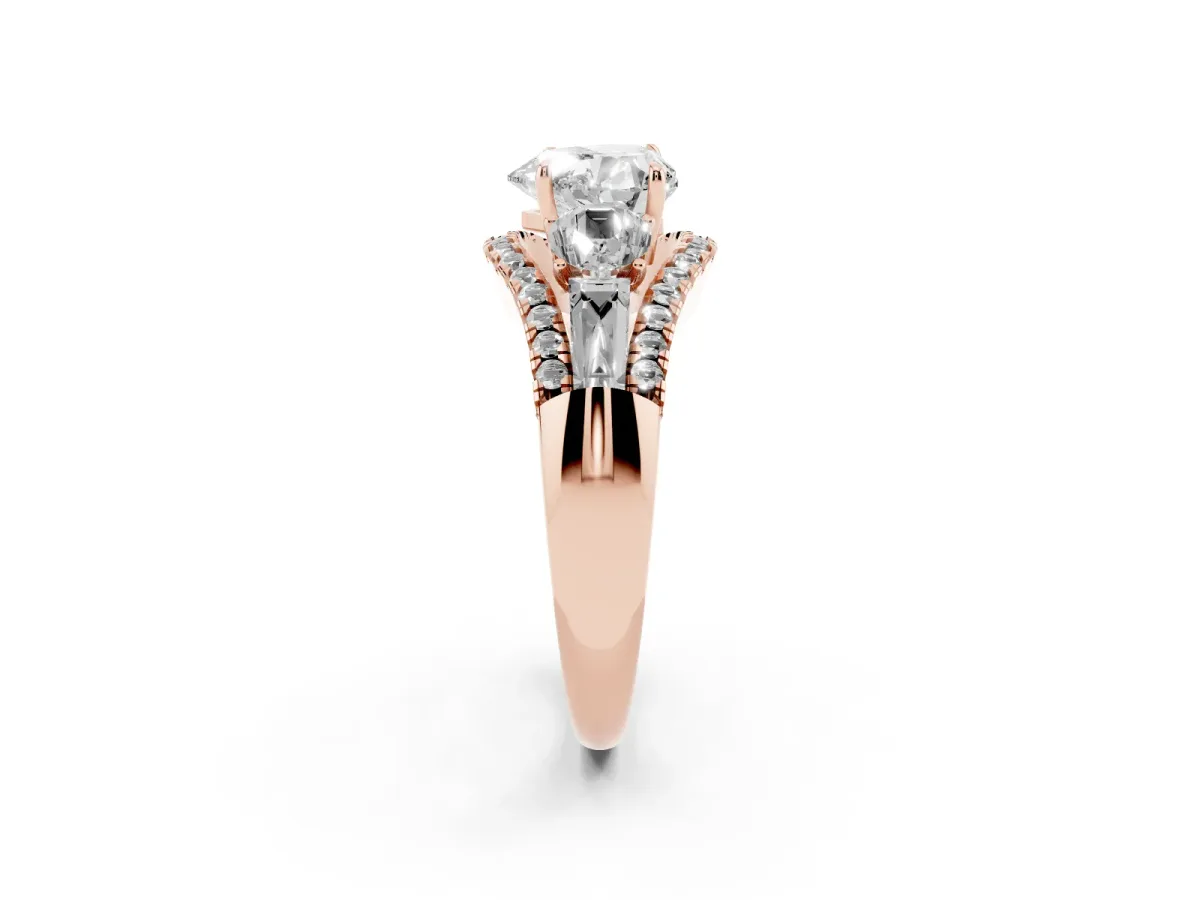 Three-Stone Heart Cut Diamond Engagement Ring with Pave Band and Prong Setting Rose gold