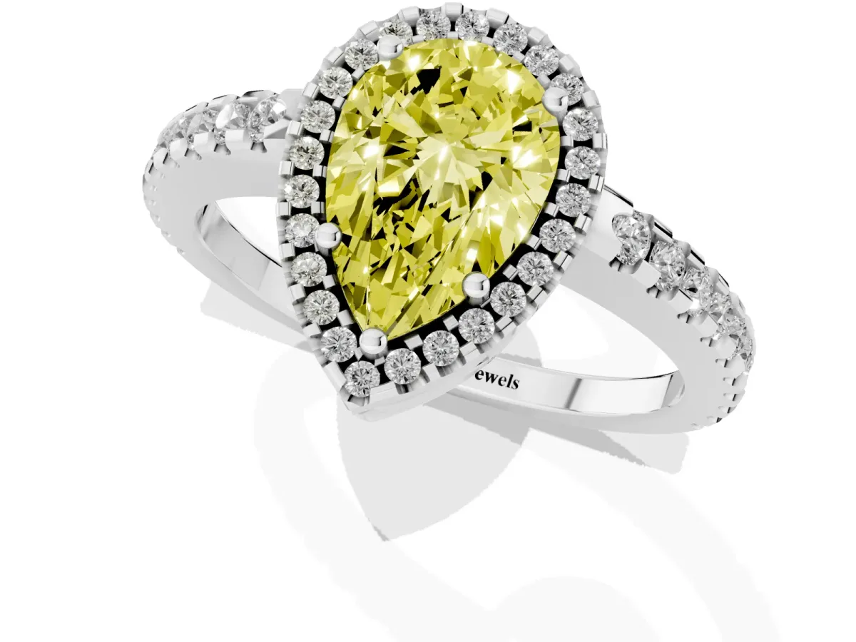 Fancy Yellow Pear Cut Diamond Halo Engagement Ring with Pavé Band and Prong Setting White gold