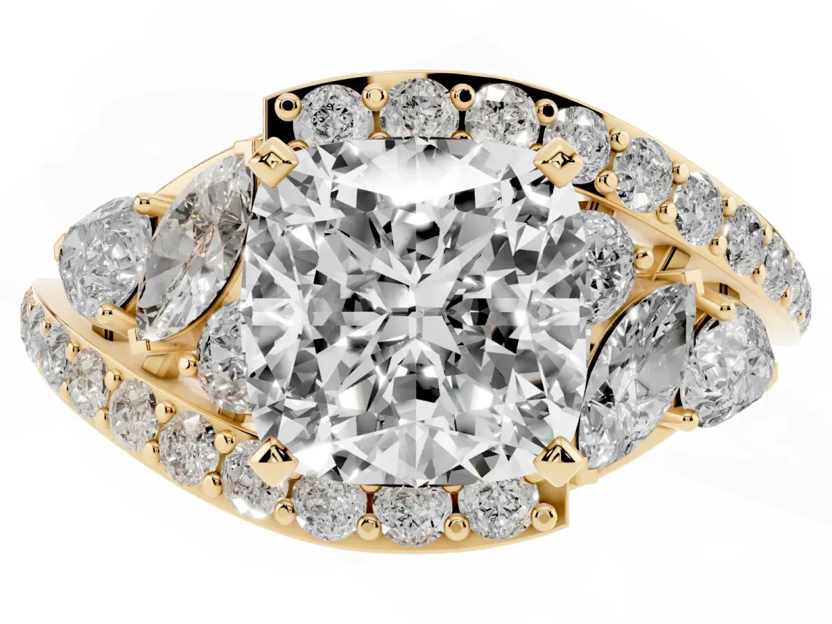 Cushion Cut Diamond Halo Ring with Marquise and Pavé Band in Prong Setting Yellow gold