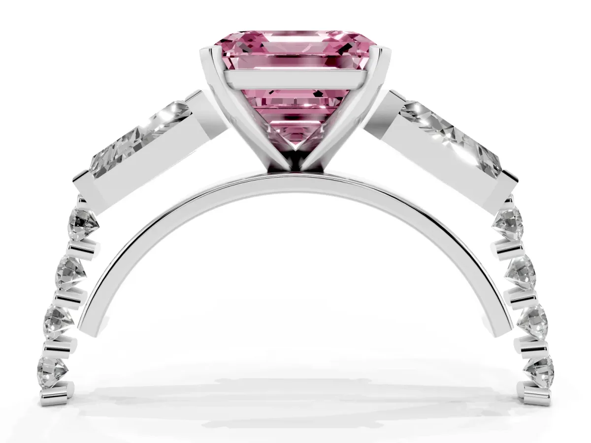 Fancy Pink Asscher Cut Diamond Engagement Ring with Baguette Side Stones and Channel Set Band White gold
