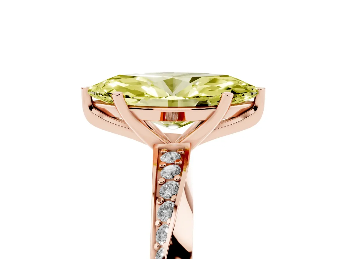 Fancy Yellow Marquise Cut Diamond Engagement Ring with Side Stone Accents and Four-Prong Setting Rose gold
