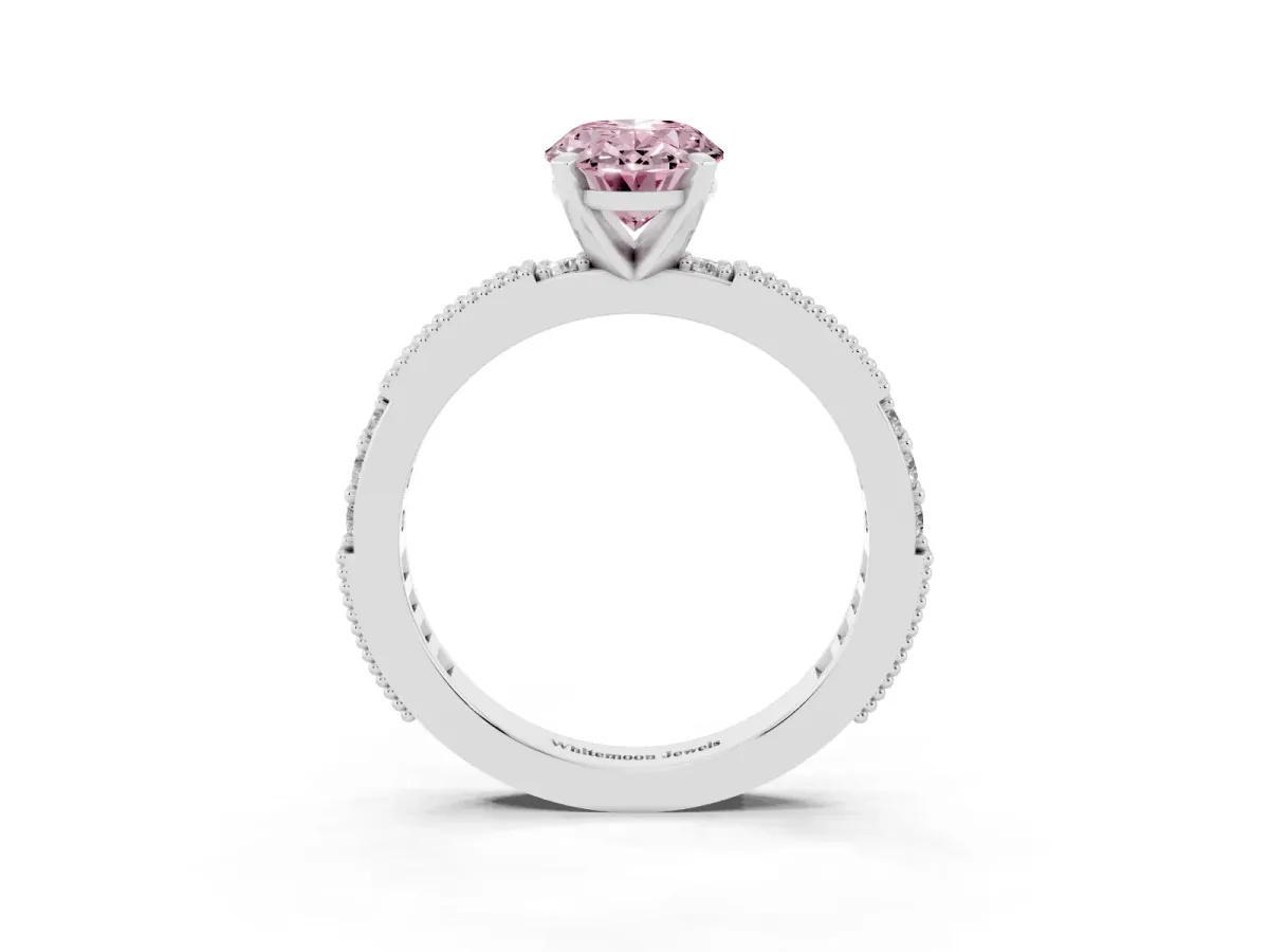 Fancy Pink Oval Cut Solitaire with Pavé Band and Four-Prong Setting Silver