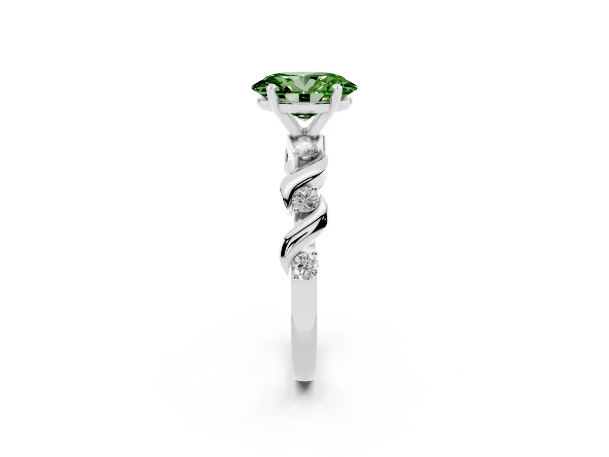 Fancy Green Oval Cut Diamond Solitaire Twisted Band with Round Accents and Prong Setting Silver