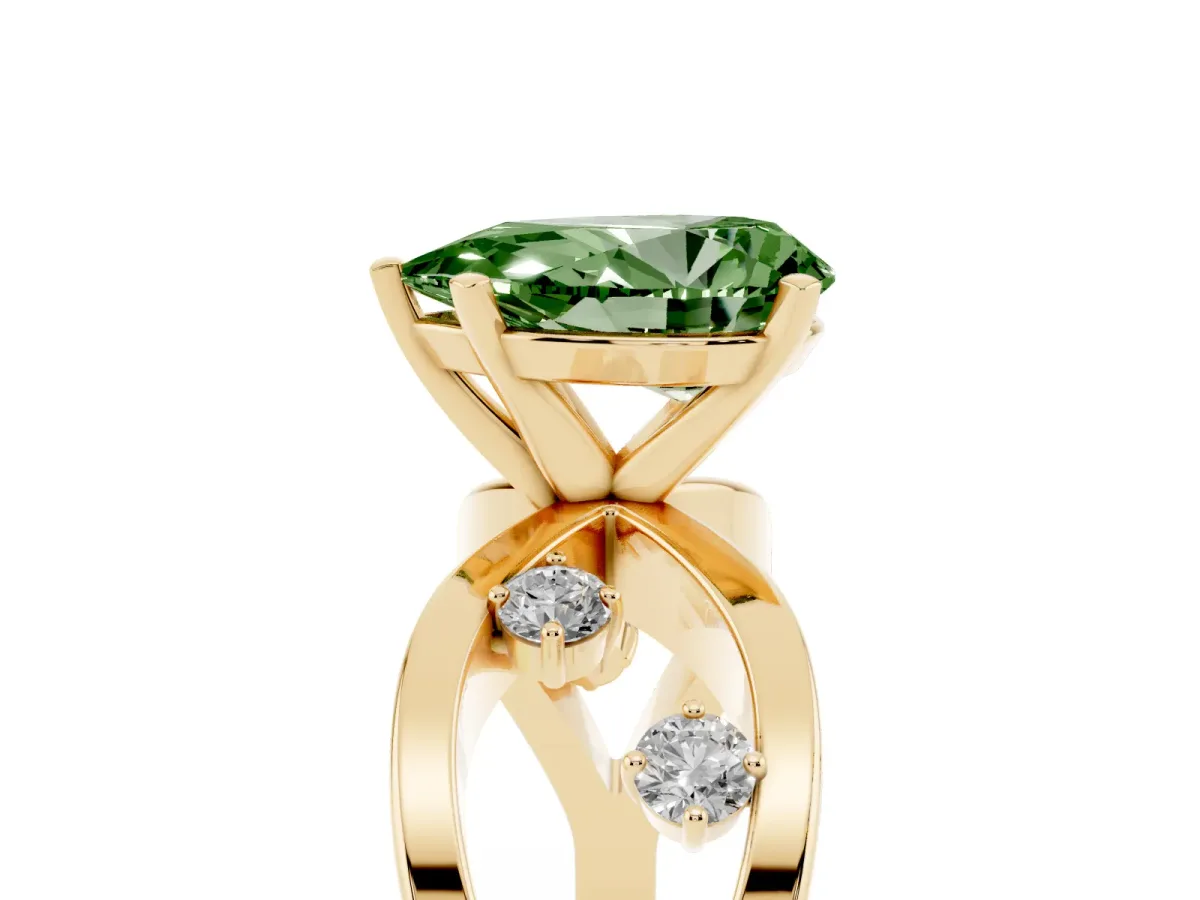 Fancy Green Pear Cut Cut Solitaire Diamond with Side Stones on Criss-Cross Band and Four-Prong Setting Yellow gold
