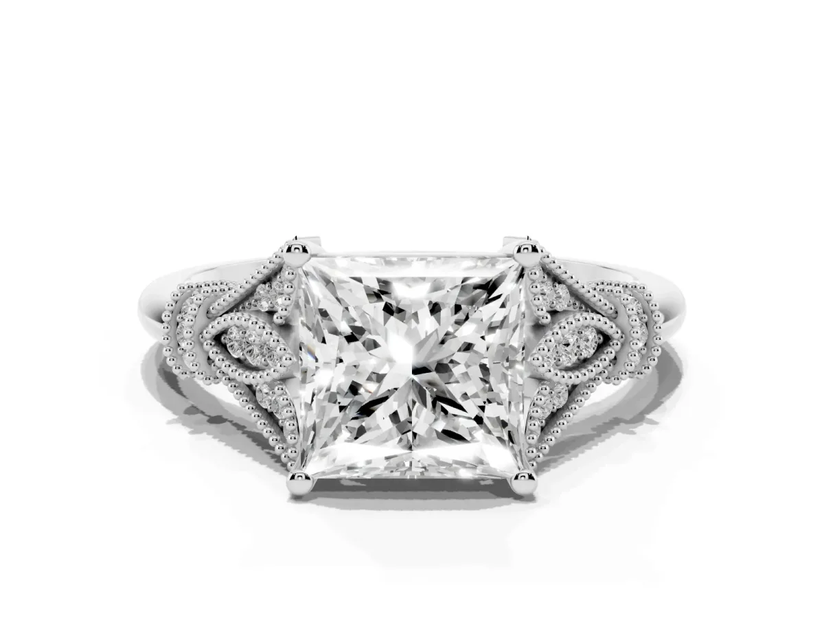 Princess Cut Diamond Solitaire Ring with Floral Filigree and Pave Accents White gold