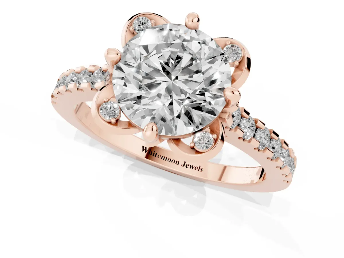 Round Cut Diamond Ring with Pavé Band and Floral Prong Setting Rose gold