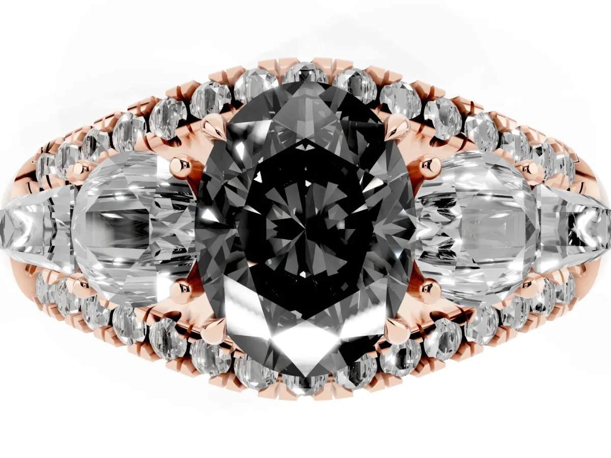Fancy Black Three-Stone Oval Cut Diamond Engagement Ring with Pave Band and Prong Setting Rose gold