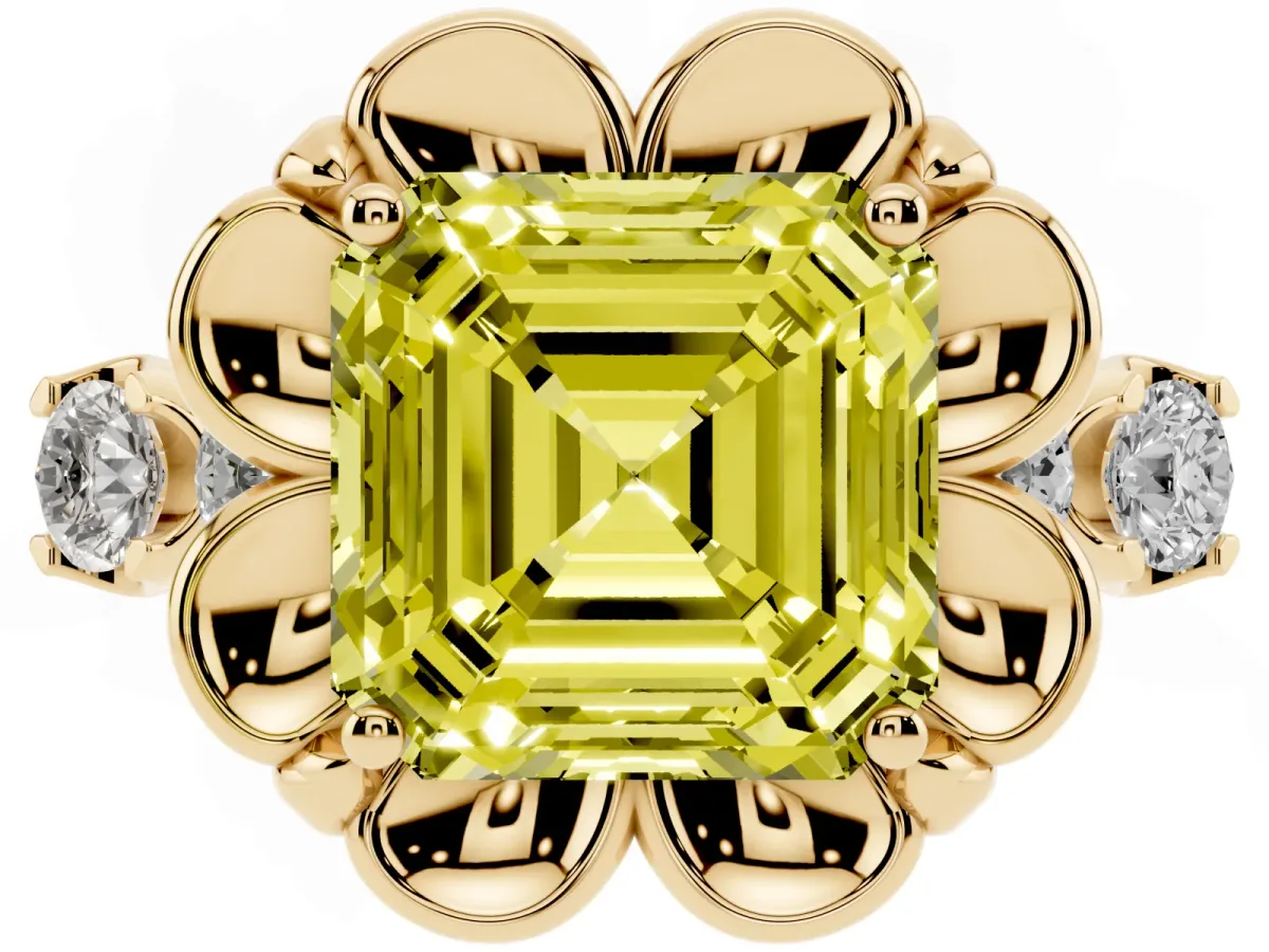 Fancy Yellow Asscher Cut Cut Diamond Floral Halo Engagement Ring with Shared Prong Setting Yellow gold