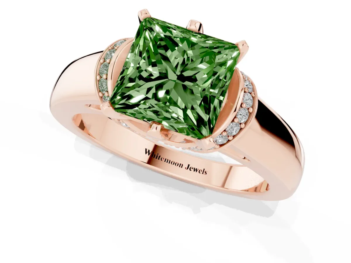 Fancy Green Princess Cut Solitaire Diamond Ring with Pave Band and Six-Prong Setting Rose gold