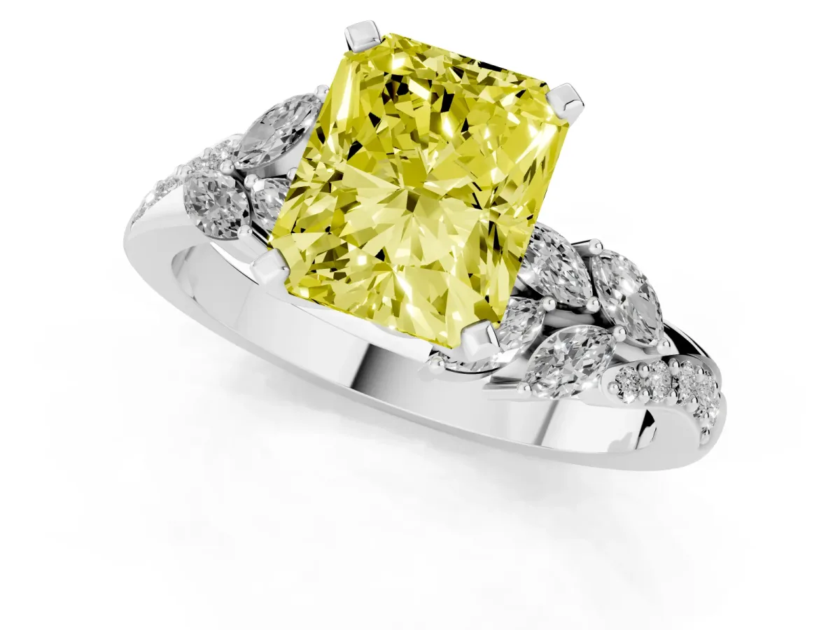Fancy Yellow Radiant Cut Solitaire Marquise Twist Band with Six-Prong Setting Platinum