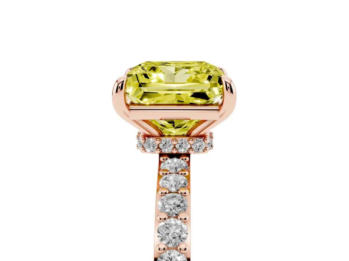 Fancy Yellow Princess Cut Diamond Pavé Engagement Ring with Round Accents and Prong Setting Rose gold